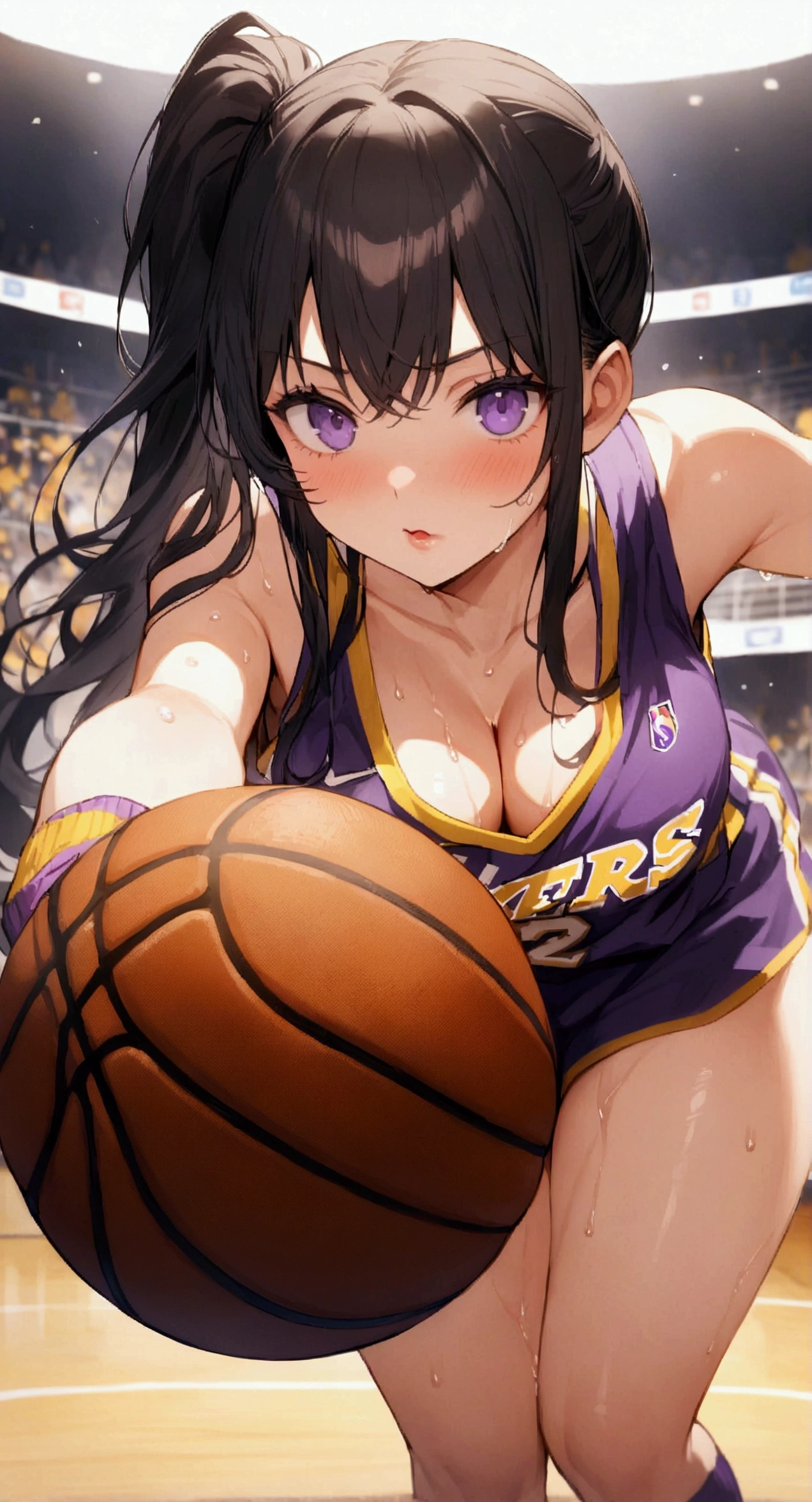 One woman、beautiful girl、high school girl、basketball、Basketball uniform、Lakers uniform、Wristband、Side Ponytail、Long Hair、Basketball Stadium、Take a jump shot、The stands are packed、Highest quality,  Thick thighs、Big Ass、Black Hair、Sweaty body、Number 14、Take the shot、Her uniform flips up and her bra is visible、Black bra、The opposing team is on defense、Leaning forward、dribble、Blocked