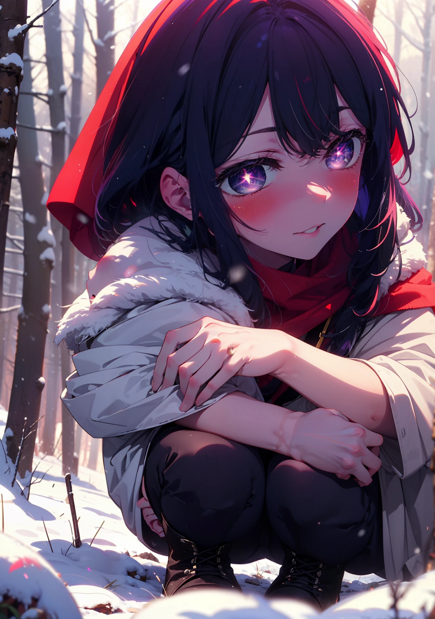 aihoshino, Ai Hoshino, Long Hair, bangs, (Purple eyes:1.1), Purple Hair, (Symbol-shaped pupil:1.5), smile,,smile,blush,white breath,
Open your mouth,snow,Ground bonfire, Outdoor, boots, snowing, From the side, wood, suitcase, Cape, Blurred, , forest, White handbag, nature,  Squat, Mouth closed, Cape, winter, Written boundary depth, Black shoes, red Cape break looking at viewer, Upper Body, whole body, break Outdoor, forest, nature, break (masterpiece:1.2), Highest quality, High resolution, unity 8k wallpaper, (shape:0.8), (Beautiful and beautiful eyes:1.6), Highly detailed face, Perfect lighting, Extremely detailed CG, (Perfect hands, Perfect Anatomy),
