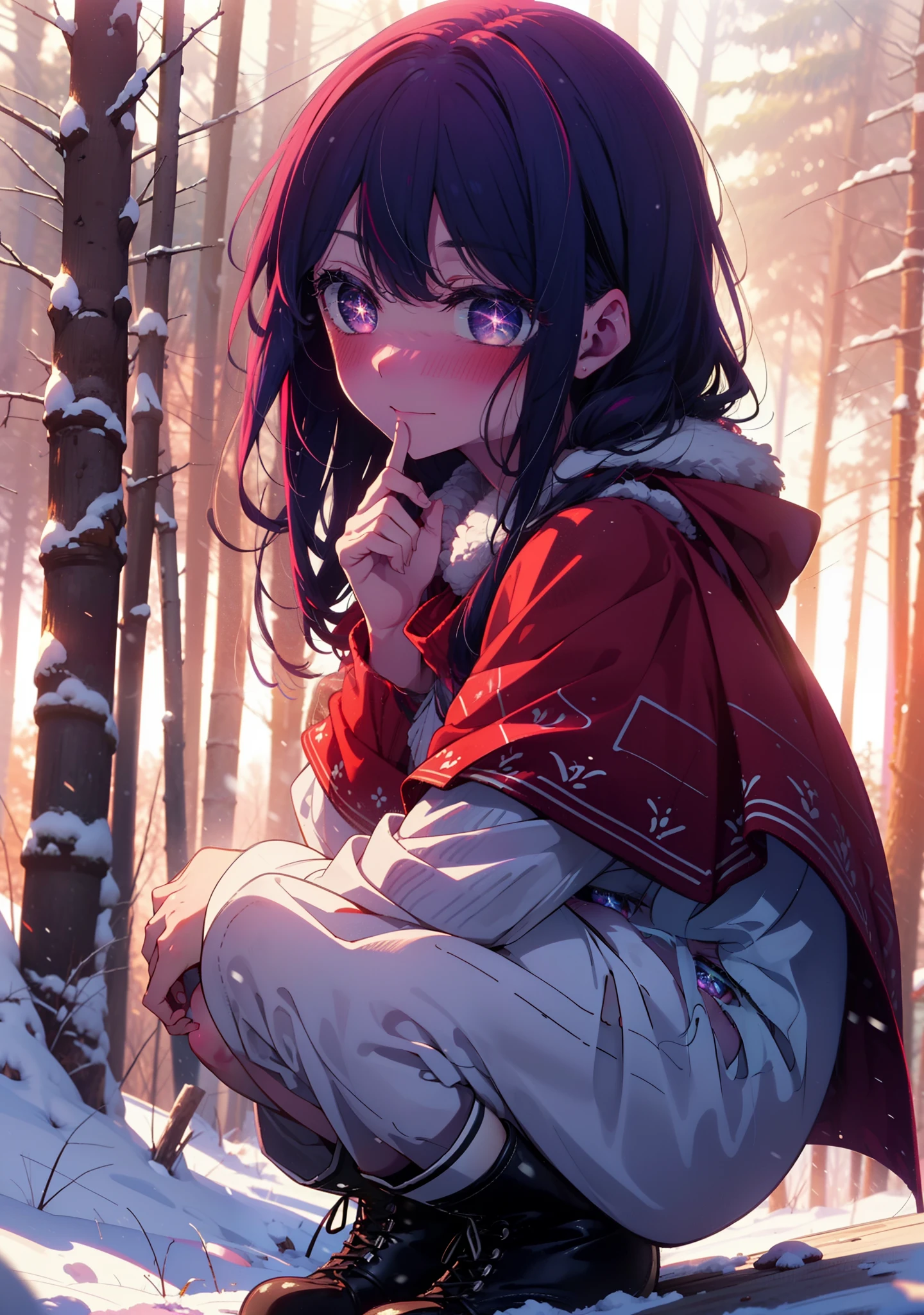 aihoshino, Ai Hoshino, Long Hair, bangs, (Purple eyes:1.1), Purple Hair, (Symbol-shaped pupil:1.5), smile,,smile,blush,white breath,
Open your mouth,snow,Ground bonfire, Outdoor, boots, snowing, From the side, wood, suitcase, Cape, Blurred, , forest, White handbag, nature, Squat, Mouth closed, Cape, winter, Written boundary depth, Black shoes, red Cape break looking at viewer, Upper Body, whole body, break Outdoor, forest, nature, break (masterpiece:1.2), Highest quality, High resolution, unity 8k wallpaper, (shape:0.8), (Beautiful and beautiful eyes:1.6), Highly detailed face, Perfect lighting, Extremely detailed CG, (Perfect hands, Perfect Anatomy),