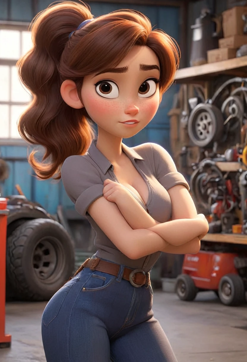 (disney pixar style:1.2) (cute adorable girl:1.15) (adult age 20:1.15)  brown hair, ponytail, , huge breasts, cleavage, sexy mechanic, in a garage, (perfect hands:1.1)  (extreme far shot, full body, zoomed out:1.1) topless nude