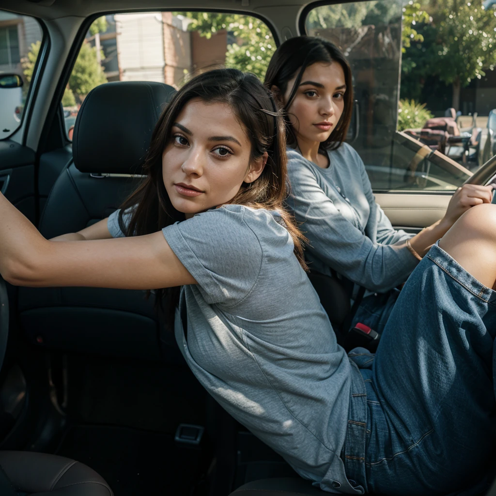 Ugly woman on car front passenger seat turns towards back seat with her head