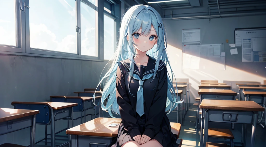 One girl, Long light blue hair, dark blue, sit in classroom, Modern black , anime