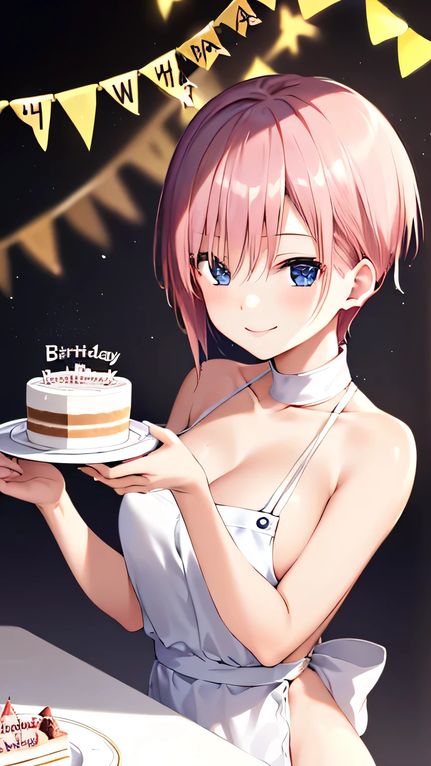 One Girl, solo, (Nakano Ichika), ((Pink short hair:1.5)), (Upper body naked:1.3), (White apron),, Cleavage, Thighs Thighs Thighs Thighs, Cafe Background, (Cute smile:1.3), Spread your legs、(((Holding a birthday cake in both hands)))