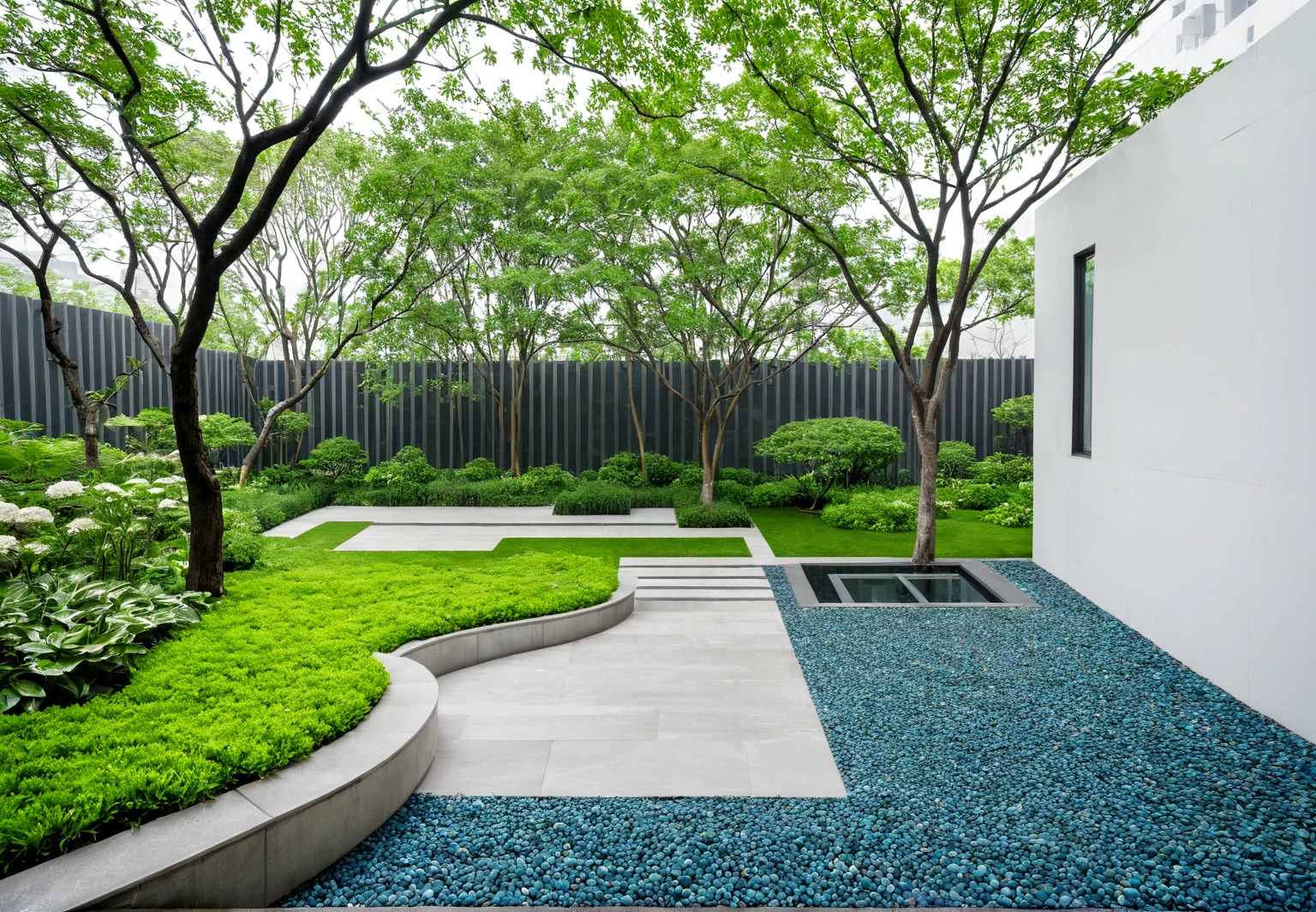 huayuanV3,This photo shows a garden with stone steps. The garden is planted with a variety of plants,including tall trees,low flower beds and some spherical pruned plants. dark concrete sidewalk, grass land, glass window, vertical wooden slats, The white wall is decorated with dark wood,and there is a street lamp next to it. Some buildings and trees can be seen in the distance. The whole scene gives people a sense of tranquility and harmony, Specifically,the top of the picture is a white sky and some lush green trees,the top left is a white and blue tall building