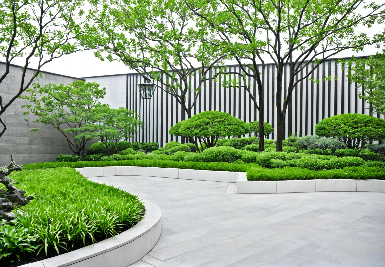 huayuanV3,This photo shows a garden with stone steps. The garden is planted with a variety of plants,including tall trees,low flower beds and some spherical pruned plants. dark concrete sidewalk, grass land, glass window, vertical wooden slats, The white wall is decorated with dark wood,and there is a street lamp next to it. Some buildings and trees can be seen in the distance. The whole scene gives people a sense of tranquility and harmony, Specifically,the top of the picture is a white sky and some lush green trees,the top left is a white and blue tall building