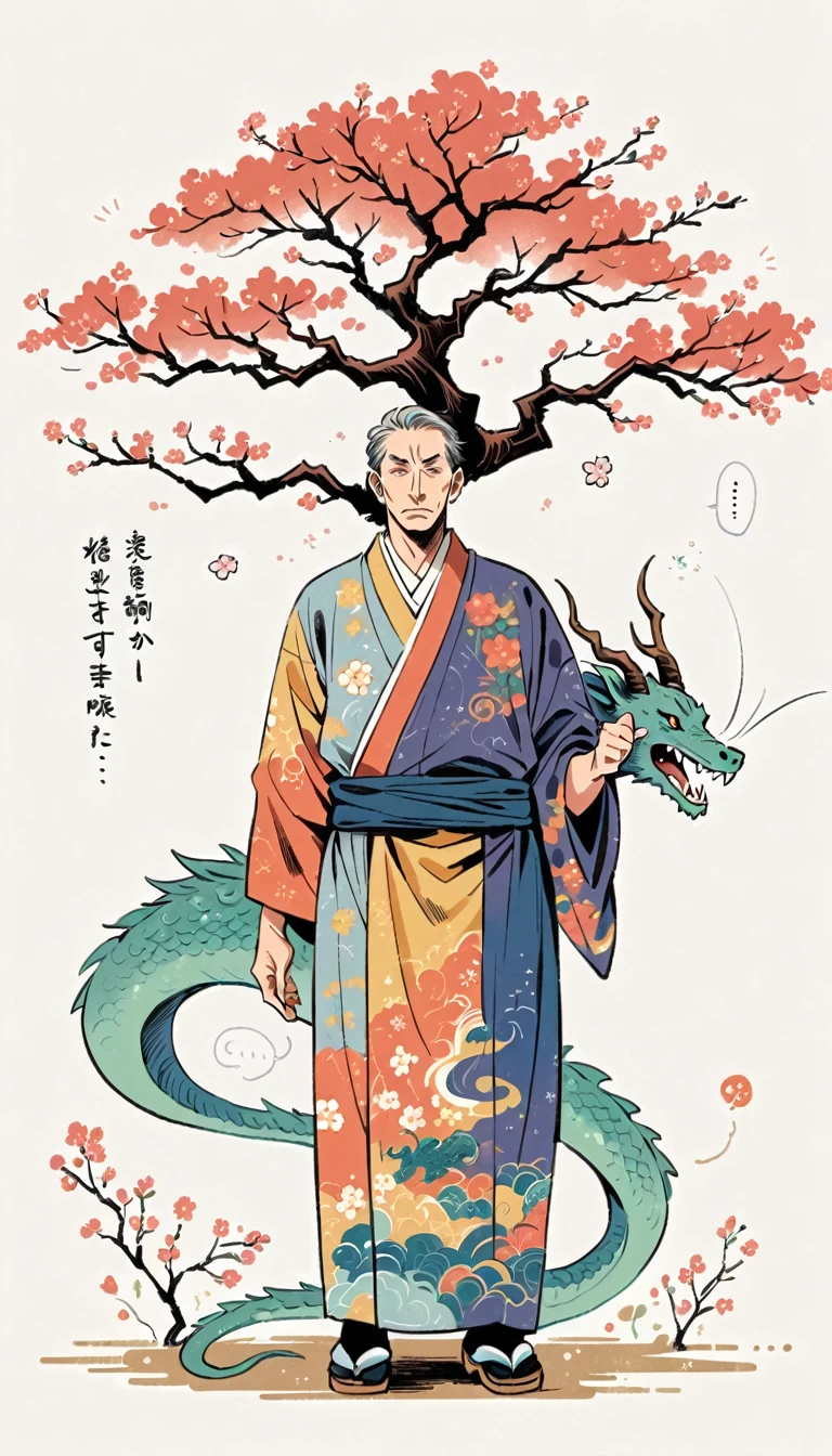 white background, Fujichoco style, kimono, (((the coolest man))),  gray hair, ((plum tree, Dragon)), simple background, Simple line initialism, full body, 