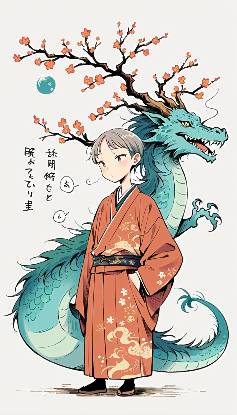 white background, Fujichoco style, kimono, (((the coolest man))), gray hair, ((plum tree, Dragon)), simple background, Simple line initialism, full body,