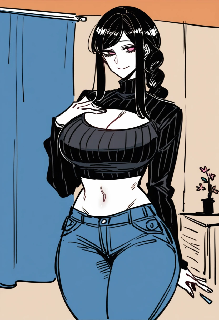 score_9, score_8_up, score_7_up, 1girl, black hair, pink eyes, long hair, braided ponytail, (bangs, sidelocks), pale skin, large breasts, wide hips, open-chest sweater, ribbed sweater, jeans, smile, indoors, unaestheticXL_bp5, aidxlv05_neg, (SuperQuality:1.2), (negative_v2 Color_Balance_Calibration:0.8), ratatatat74, mature female
