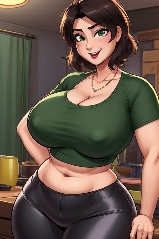 Aunt Cass Hamada from Big Hero 6, MILF, Mature Face, curvy female, thick thighs, voluptuous female, green low-cut t-shirt, (midriff), black leggings, cleavage, kind friendly expression, facing camera,
