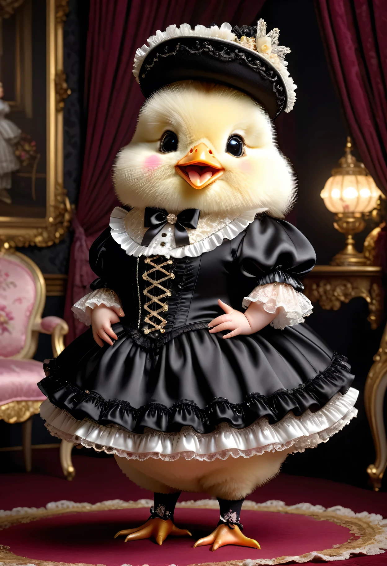 photorealistic portrait of Dressed animals-a ((fat)) ((baby chick)) princess,(furry), (elegant pose:1.5), (hands on hips:1.5),(smile:1.5),high quality,(),(lovely) ,intricate details, Wearing Gothic & Lolita dress , ( brim on head), highly detailed ((dress with frills and ribbon)) ,highly detailed accessories, high sox , (happy), soft lighting,(full body image:2.0),in Rococo style room background,,score_9, score_8_up, score_7_up, score_6_up, score_5_up, score_4_up,