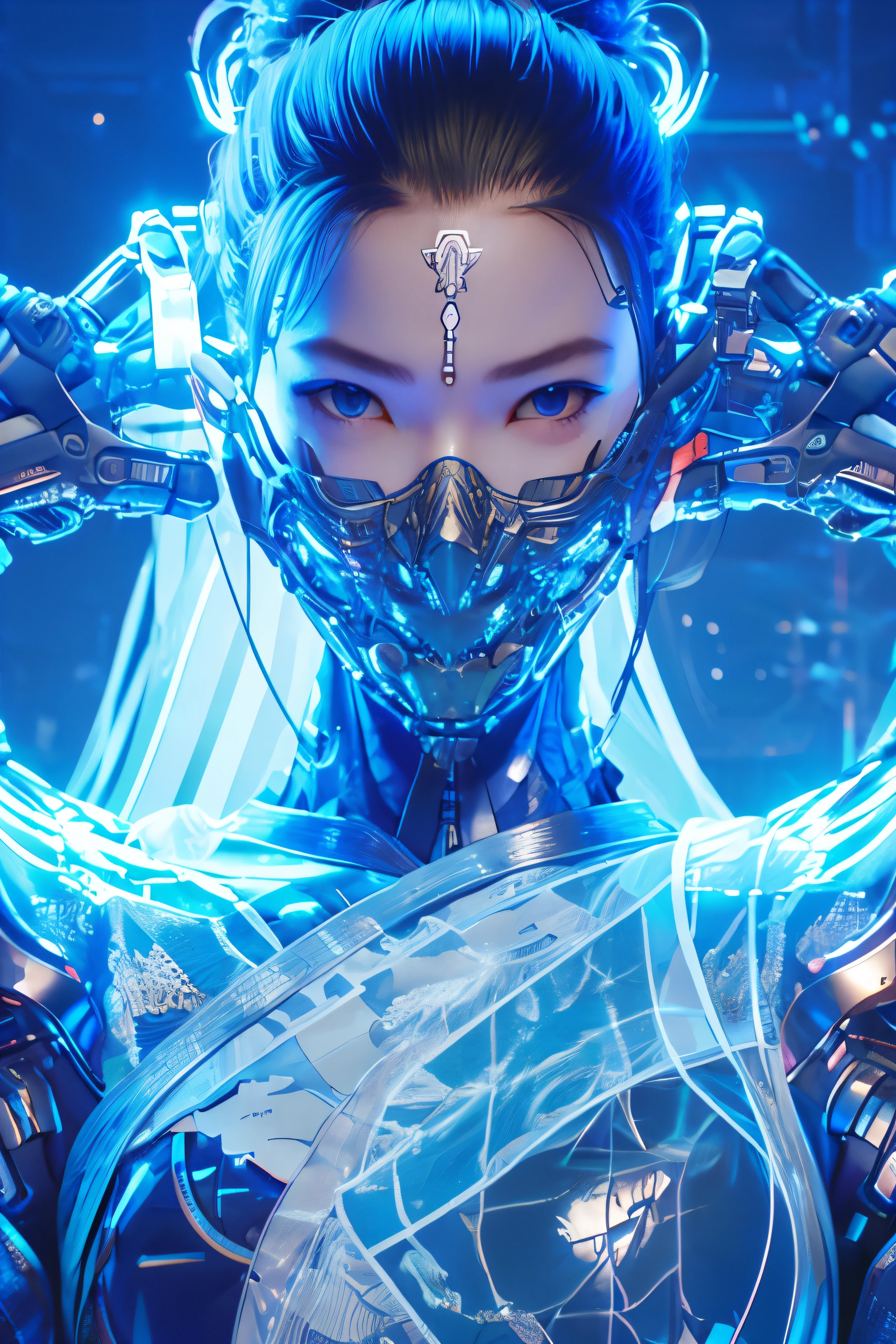 a cyborg girl, beautiful face, detailed facial features, long hair, cyberpunk style outfit, skilled hacker, expert fighter, dystopian future setting, half human half robot, glowing cybernetic implants, sleek metallic limbs, intricate circuitry, powerful abilities, strategic mind, haunting backstory, determined expression, cinematic lighting, dramatic pose, rich color palette, highly detailed, digital art, concept art style