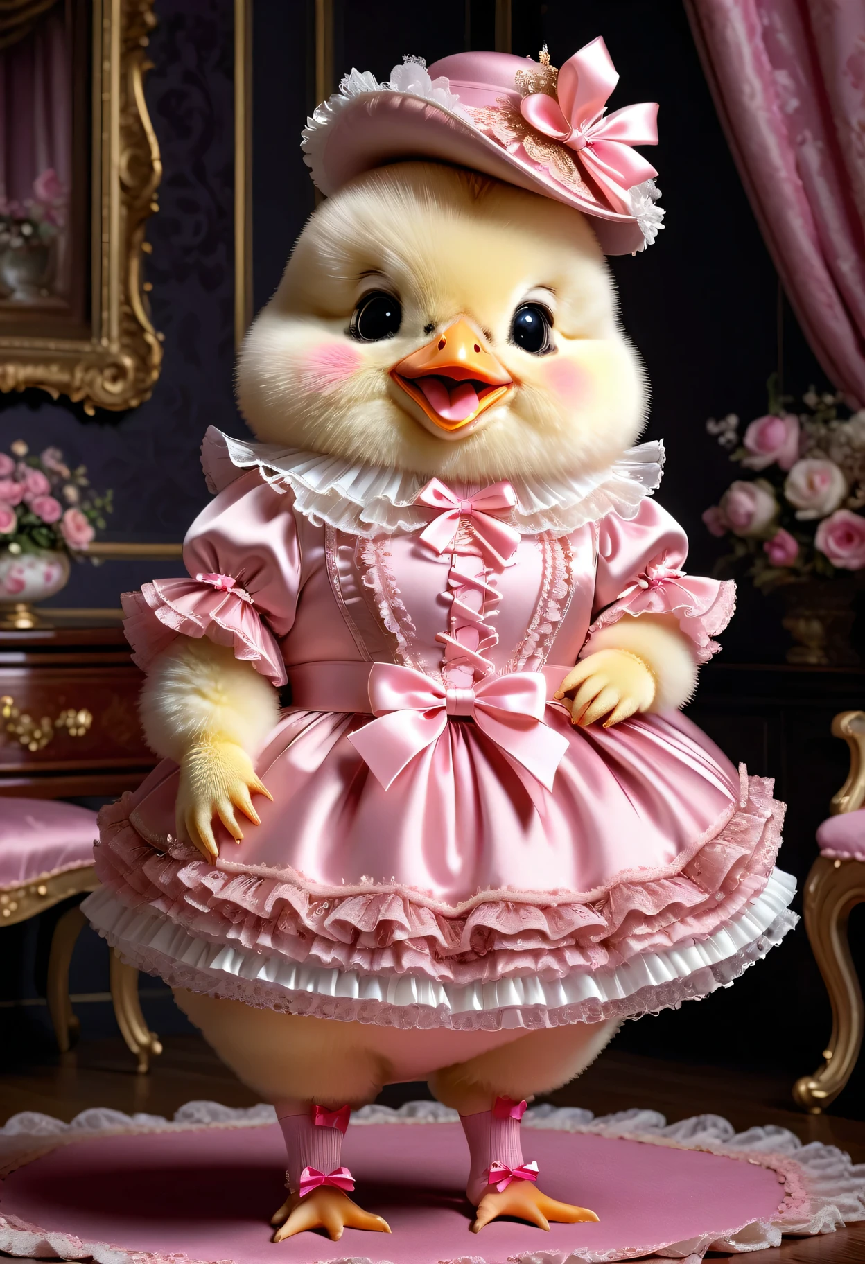 photorealistic portrait of Dressed animals-a ((fat)) ((baby chick)) princess,(furry), (elegant pose:1.5), (hands on hips:1.5),(smile:1.5),high quality,(),(lovely) ,intricate details, Wearing Gothic & Lolita pink dress , ( brim on head), highly detailed ((dress with frills and ribbon)) ,highly detailed accessories, high sox , (happy), soft lighting,(full body image:2.0),in Rococo style room background,,score_9, score_8_up, score_7_up, score_6_up, score_5_up, score_4_up,