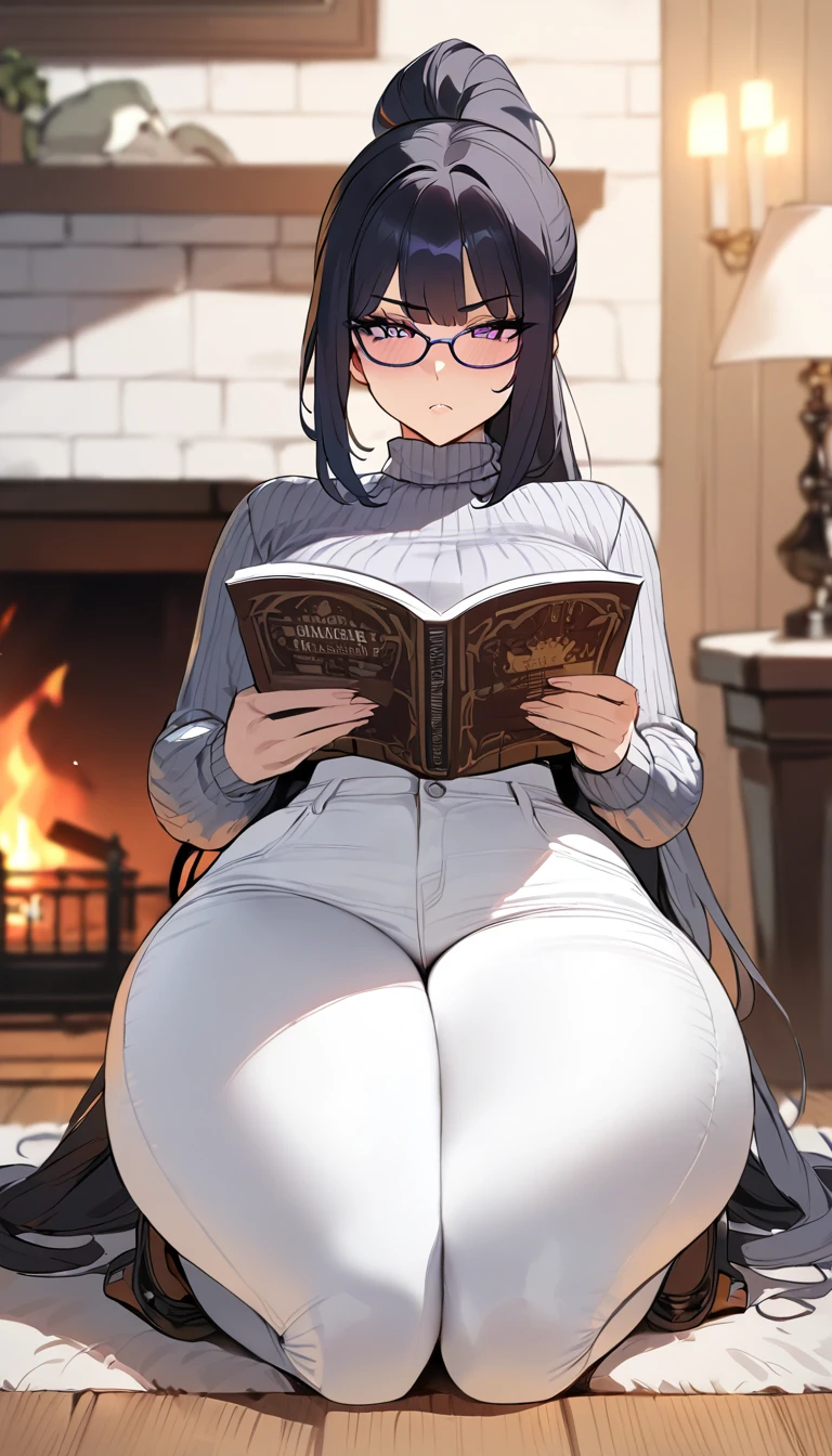 (best quality,masterpiece) ,1 girl, modest breasts, wide hips,thick thighs, ponytail, yet black hair narrow waist,white jeans,gray turtle neck, big glases, stern expression,slim body, purple eyes, fireplace background,nerdy, sitted reading, FULL BODY