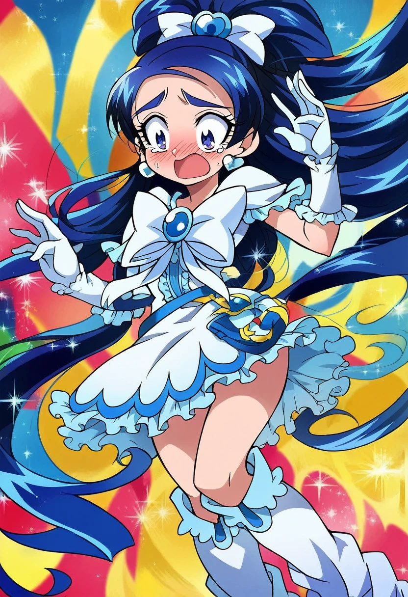 mini skirt,cure white, anime style, detailed hair and costume, long flowing blue hair, white and blue frilly dress, white gloves and boots, holding her ears with both hands, blushing cheeks, in pain, suffering from enemy's sonic attack, dynamic and intense scene, background with sound waves,masterpiece, Highest quality,, Highly detailed background, Perfect lighting, (beautiful, Highest quality:1.1), masterpiece, Perfect Eyes, (beautiful), (erotic:1.2) 