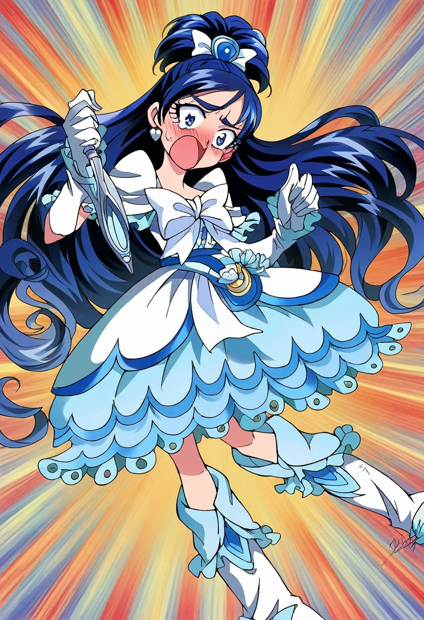 mini skirt,cure white, anime style, detailed hair and costume, long flowing blue hair, white and blue frilly dress, white gloves and boots, holding her ears with both hands, blushing cheeks, in pain, suffering from enemy's sonic attack, dynamic and intense scene, background with sound waves,masterpiece, Highest quality,, Highly detailed background, Perfect lighting, (beautiful, Highest quality:1.1), masterpiece, Perfect Eyes, (beautiful), (erotic:1.2) 
