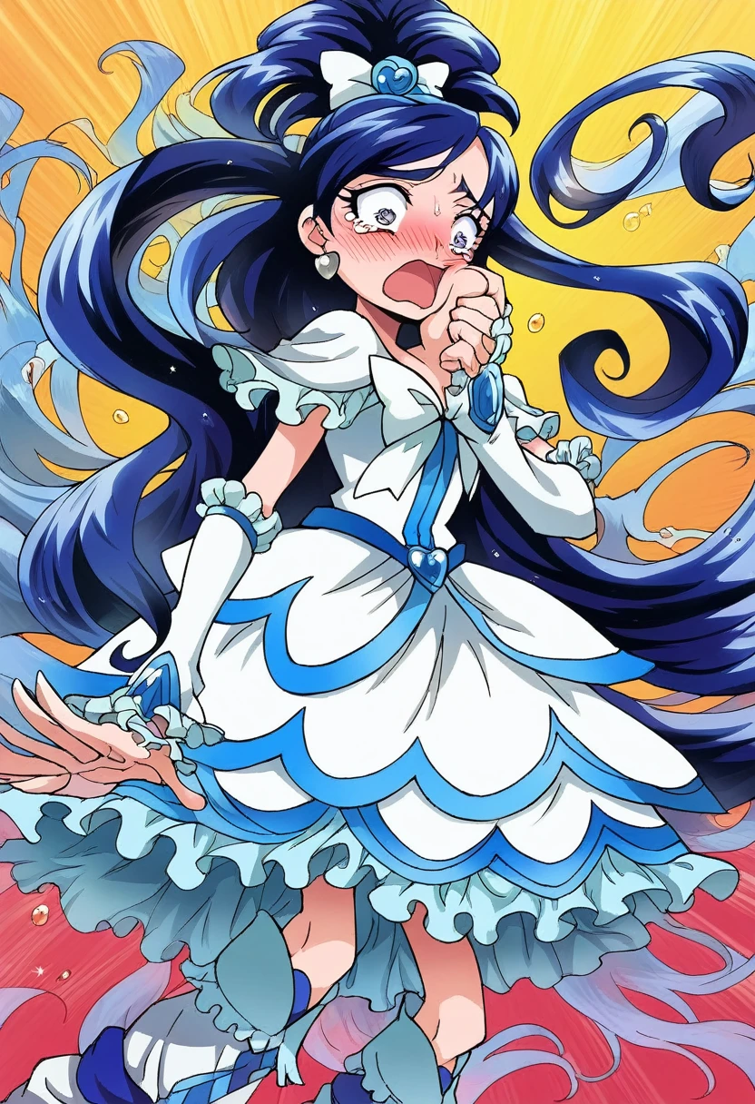 mini skirt,cure white, anime style, detailed hair and costume, long flowing blue hair, white and blue frilly dress, white gloves and boots, holding her ears with both hands, blushing cheeks, in pain, suffering from enemy's sonic attack, dynamic and intense scene, background with sound waves,masterpiece, Highest quality,, Highly detailed background, Perfect lighting, (beautiful, Highest quality:1.1), masterpiece, Perfect Eyes, (beautiful), (erotic:1.2)