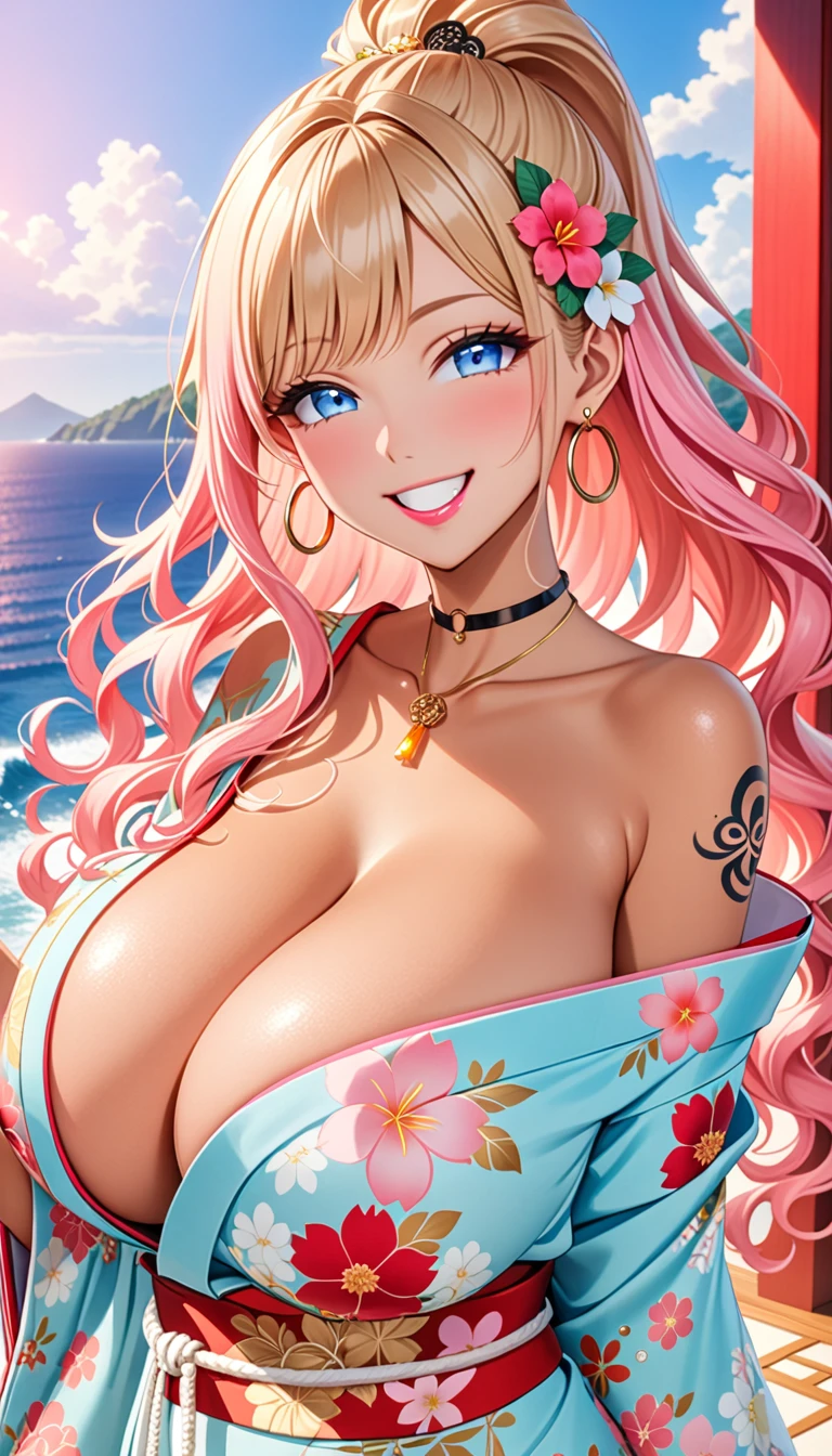 ultra-detailed, ((one girl)), (portrait), (tan skin:1.4), in pastel colors gyaru, (heavy makeup), (professional lighting) hyper detailed, absurdres, 8k, Beautiful Face, (Laugh shyly), ((teasing smile:1.6)), ((happy smile:1.5)),  ((Wink:1.5)), (Laugh with your mouth wide open),((Tilt your face:1.6)), View your viewers, ((Bright red cheeks:1.6)),Glossy shocking pink lips, ((huge breasts:1.6)),  ((undressing:1.2)), ((Her tattoo peeked through her kimono:1.2)), noon, summer, Luxury resort with ocean view, ((Anime style background)),masterpiece, Highest quality, (Brighten your face), so beautiful,Latest, Complex details, ((fluorescent pink long nail:1.2)), (ring),(bracelet), (Floral Choker),AI-generated, Complex,High resolution, Highest quality, super high quality,3D Images、3D Images,One person, (blond long hair), (High Ponytail), (wavy hair:1.4), Anime woman posing for a photo, ((Fine grain、blue eyes、glowing eyes:1.4)), (Squint your eyes:1.1),a hyperRealistic , hyperRealistic , Realistic,Anime woman with long honey blonde hair, Smooth anime CG art, A girl in a gorgeous pastel-colored kimono, ((Pastel-colored furisode)),(Pink large floral pattern),  (sideboob), Long flower hair ornament,large gold hoop earrings, Mature Body, tall,Narrow waist, front view,((dutch angle)), (upper body), 