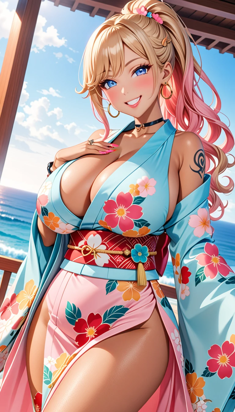 ultra-detailed, ((one girl)), (portrait), (tan skin:1.4), in pastel colors gyaru, (heavy makeup), (professional lighting) hyper detailed, absurdres, 8k, Beautiful Face, (Laugh shyly), ((teasing smile:1.6)), ((happy smile:1.5)),  ((Wink:1.5)), (Laugh with your mouth wide open),((Tilt your face:1.6)), View your viewers, ((Bright red cheeks:1.6)),Glossy shocking pink lips, ((huge breasts:1.6)),  ((undressing:1.2)), ((Her tattoo peeked through her kimono:1.2)), noon, summer, Luxury resort with ocean view, ((Anime style background)),masterpiece, Highest quality, (Brighten your face), so beautiful,Latest, Complex details, ((fluorescent pink long nail:1.2)), (ring),(bracelet), (Floral Choker),AI-generated, Complex,High resolution, Highest quality, super high quality,3D Images、3D Images,One person, (blond long hair), (High Ponytail), (wavy hair:1.4), Anime woman posing for a photo, ((Fine grain、blue eyes、glowing eyes:1.4)), (Squint your eyes:1.1),a hyperRealistic , hyperRealistic , Realistic,Anime woman with long honey blonde hair, Smooth anime CG art, A girl in a gorgeous pastel-colored kimono, ((Pastel-colored furisode)),(Pink large floral pattern),  (sideboob), Long flower hair ornament,large gold hoop earrings, Mature Body, tall,Narrow waist, front view,((dutch angle)), (upper body), 