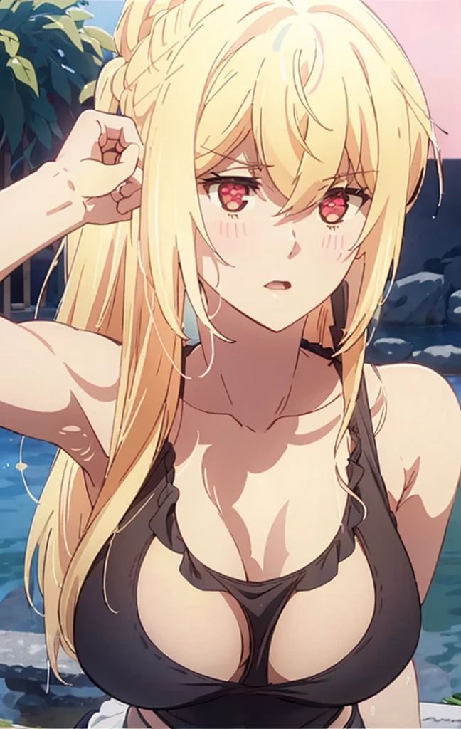 Masterpiece, best quality, highly detailed, highres, 8K, natural lighting, 1 girl, blonde hair, ahoge, ruby eyes, huge breast, black tank top, mini short pants, she wet, sexy pose, outdoor , detailed eyes, perfect eyes colors, full body shoot, detailed eyes, detailed finger shape, the number of fingers is not excessive