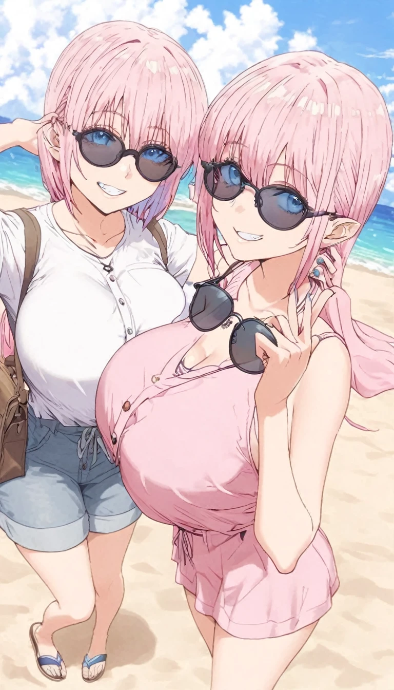 Shikimori, pink fur, blue eyes, detailed, sunglasses on the beach with casual clothes, big breasts, smile on face full body, 4 fingers on each hand,