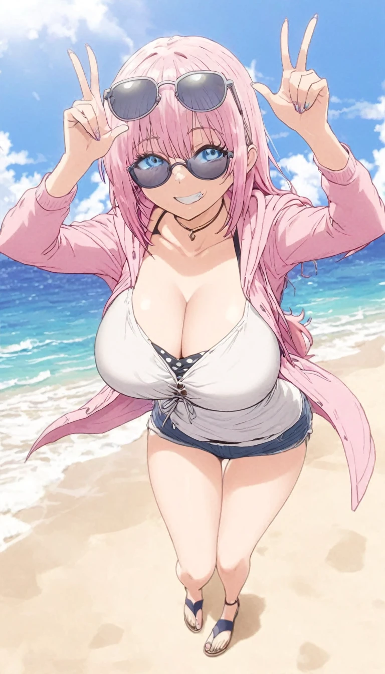 Shikimori, pink fur, blue eyes, detailed, sunglasses on the beach with casual clothes, big breasts, smile on face full body, 4 fingers on each hand,