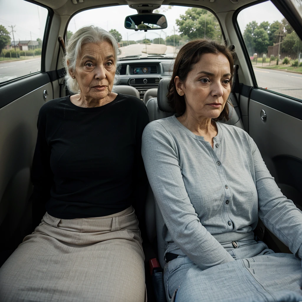 Ugly mother 55 years on car front passenger seat turns towards back seat with her head