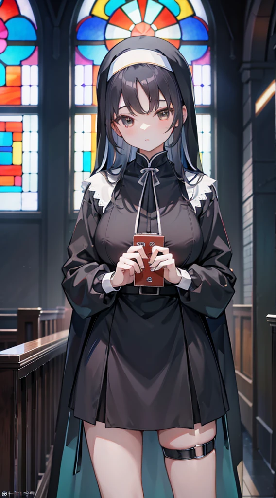 nun,nun服,黑白nun服,Colored hair,nun头巾,Big breasts,Full of figure,Church Background,Stained window glass,Mosaic art background,Repairing Children,高开叉nun长袍,Absolute Domain,thigh,thigh,thigh,黑白Knee socks,黑白Knee socks,Knee socks,nun长袍,Cheongsam style hem,Robe hem,Robe hem