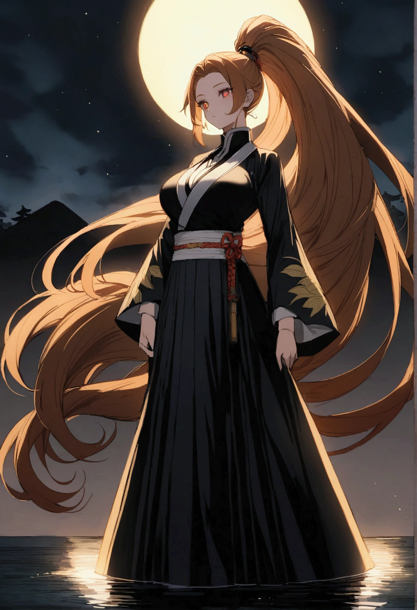 Anime girl with big breasts tall hair with a tall ponytail with orange highlights 6 red eyes with a kanij on it yellow pupils wearing same outfit as Kokushibo from demon slayer anime and a katana walking at night I'm front of lake under the moon 