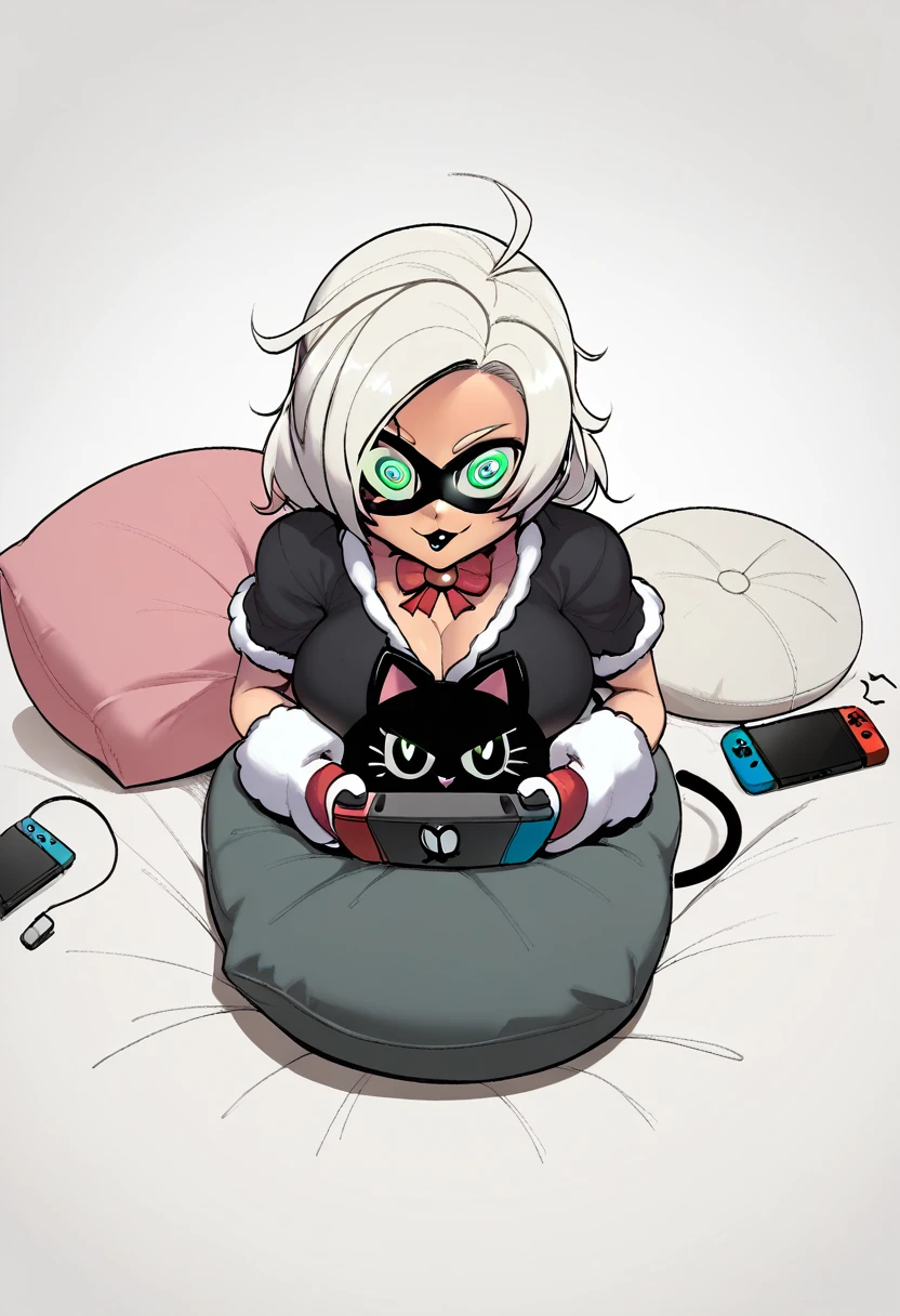 punctuation_9, punctuation_8_High above, punctuation_7_High above, punctuation_6_High above, punctuation_5_High above, punctuation_4_High above, 1girl, Nerd,Bblack hair, shorth hair, a cartoon image of a woman(dressed as a black cat)with a big chest, sitting on the cushion (blue in color), white scenario, with Nintendo switch in hand, fluffy chest, in pajamas(dressed as a black cat), anime cel shaded, Covered and SFW, wearing pajamas(sitting on the cushion (blue in color), with a Nintendo Switch in hand), Kantai Collection Style, anime moe art style, white_mitts, seductive anime girl((dressed as a black cat)), brincando with a Nintendo Switch in hand, playing on it(spiral eye)White background,Sitting on a cushion(large pillow is a black stuffed cat).