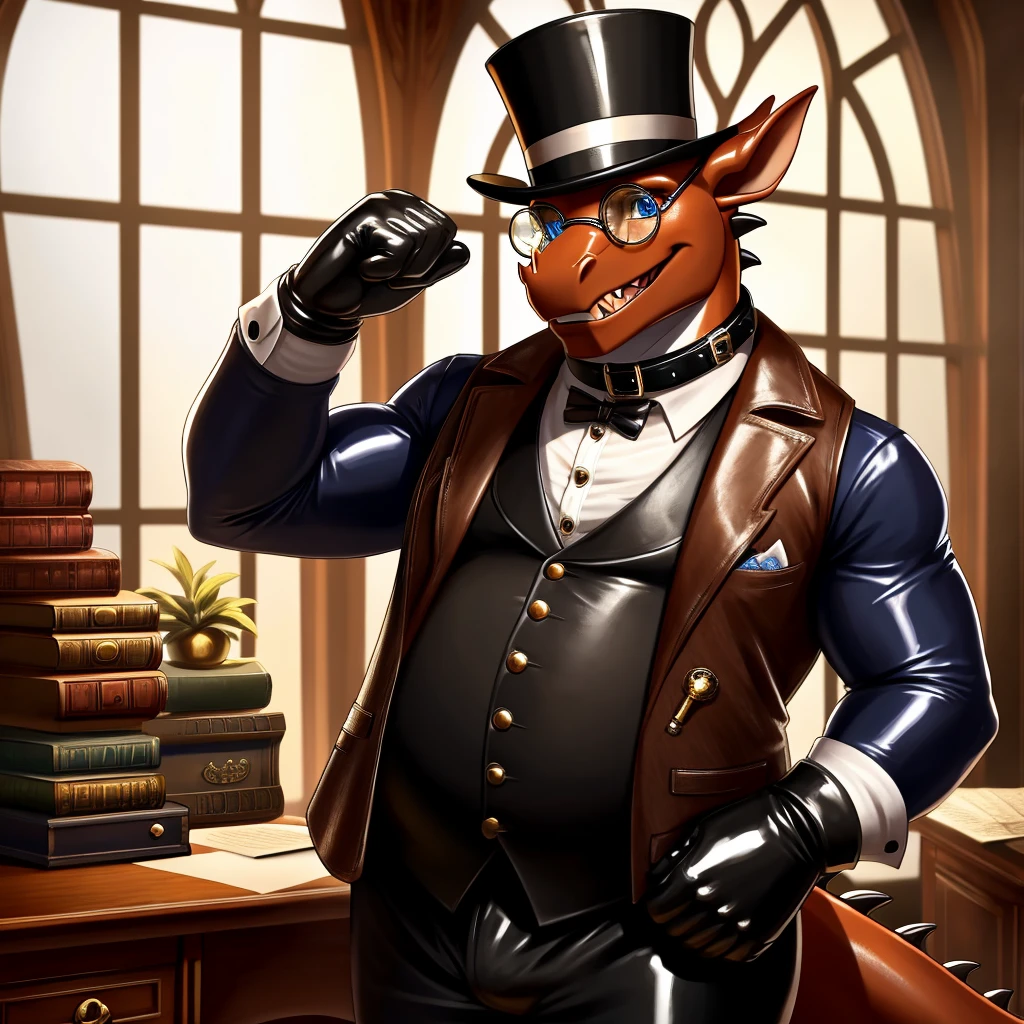 Solo, Male, fat, extremely obese, gentleman, dapper Professor Dragon, blue eyes, (posing:1.3), (soft shading), 4k, hi res, ((detailed face, detailed)), looking at viewer, mouth wide open, steampunk, victorian, dapper clothing, collared shirt with buttons, top hat, male focus, Explorer Outfit, glasses, monocle, vest with buttons, sleeves rolled up, round eyewear, brown headwear, brown vest, office, Dragon is wearing a glossy leather dog collar around the neck, Dragon is wearing the leather collar and shirt and vest at the same time, Dragon is wearing glossy white rubber gloves on the hands, wearing white rubber gloves on the feet, gloves are rubber in texture, clenching teeth, clenching fists, leather collar is glossy and shiny with a lot of detail, Dragon is wearing gloves and leather collar at the same time, leather collar has a round dog-tag, leather collar is thick and detailed, leather collar is glossy and shiny, fancy clothing, dapper vest, dapper shirt, leather collar is thick, glossy leather collar.