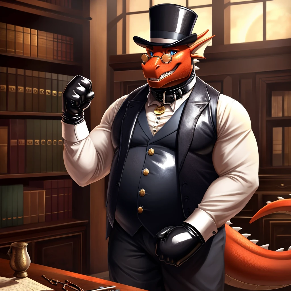 Solo, Male, fat, extremely obese, gentleman, dapper Professor Dragon, blue eyes, (posing:1.3), (soft shading), 4k, hi res, ((detailed face, detailed)), looking at viewer, mouth wide open, steampunk, victorian, dapper clothing, collared shirt with buttons, top hat, male focus, Explorer Outfit, glasses, monocle, vest with buttons, sleeves rolled up, round eyewear, brown headwear, brown vest, office, Dragon is wearing a glossy leather dog collar around the neck, Dragon is wearing the leather collar and shirt and vest at the same time, Dragon is wearing glossy white rubber gloves on the hands, wearing white rubber gloves on the feet, gloves are rubber in texture, clenching teeth, clenching fists, leather collar is glossy and shiny with a lot of detail, Dragon is wearing gloves and leather collar at the same time, leather collar has a round dog-tag, leather collar is thick and detailed, leather collar is glossy and shiny, fancy clothing, dapper vest, dapper shirt, leather collar is thick, glossy leather collar.