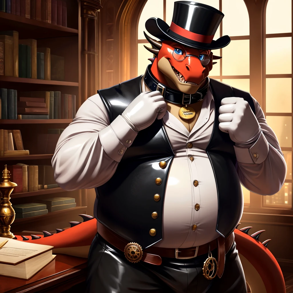 Solo, Male, fat, extremely obese, gentleman, dapper Professor Dragon, blue eyes, (posing:1.3), (soft shading), 4k, hi res, ((detailed face, detailed)), looking at viewer, mouth wide open, steampunk, victorian, dapper clothing, collared shirt with buttons, top hat, male focus, Explorer Outfit, glasses, monocle, vest with buttons, sleeves rolled up, round eyewear, brown headwear, brown vest, office, Dragon is wearing a glossy leather dog collar around the neck, Dragon is wearing the leather collar and shirt and vest at the same time, Dragon is wearing glossy white rubber gloves on the hands, wearing white rubber gloves on the feet, gloves are rubber in texture, clenching teeth, clenching fists, leather collar is glossy and shiny with a lot of detail, Dragon is wearing gloves and leather collar at the same time, leather collar has a round dog-tag, leather collar is thick and detailed, leather collar is glossy and shiny, fancy clothing, dapper vest, dapper shirt, leather collar is thick, glossy leather collar.