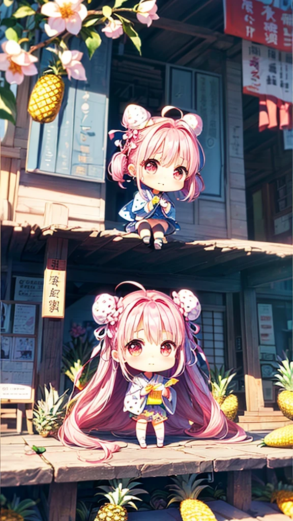(Chibi Animation、another world、Drawn with crayons:1.3)、(Very detailed,Highest quality, masterpiece，High resolution、Confused、Perfect Anatomy:1.3),(Chibi Body、Small face、Overall cute、(Hair Ribbon:0.4), Pink Eyes,(((White bun hair))),(((Long pink hair)))、 :3, Ahoge, Symbol-shaped pupil、Very slim legs)、(Flowers that bloom in summer、Big fresh pineapple:1.4),(Wonderful cityscape、Miracle Morning:1.3)、(healthy、Cute short uniform、Polka dot pattern、Cute ribbon:1.5),(Japanese architecture,With eyes wide open:1.3)