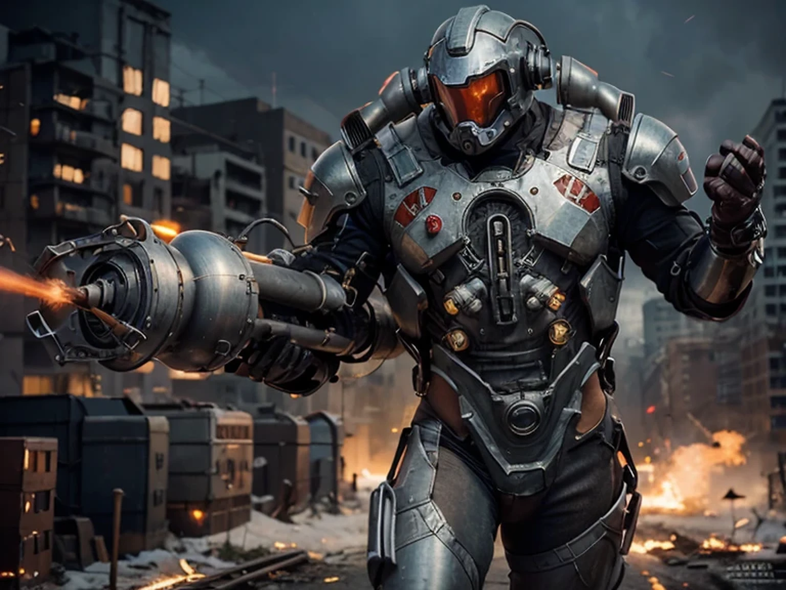 Dieselpunk style Soviet heavy cyborg, Soviet symbols, Matte gray metal armor, Pipes and cables, has a tesla gun on his arm with electric sparks, under the armor he wears red overalls, he is in a completely destroyed city with red sky, a lot of fire, lots of smoke, epic, 4k, Ultra detailed image, realistic, Highly detailed, perfect composition, splendid, Intricately detailed, incredibly detailed, Art photography 8K, hyper detailed, Masterpiece