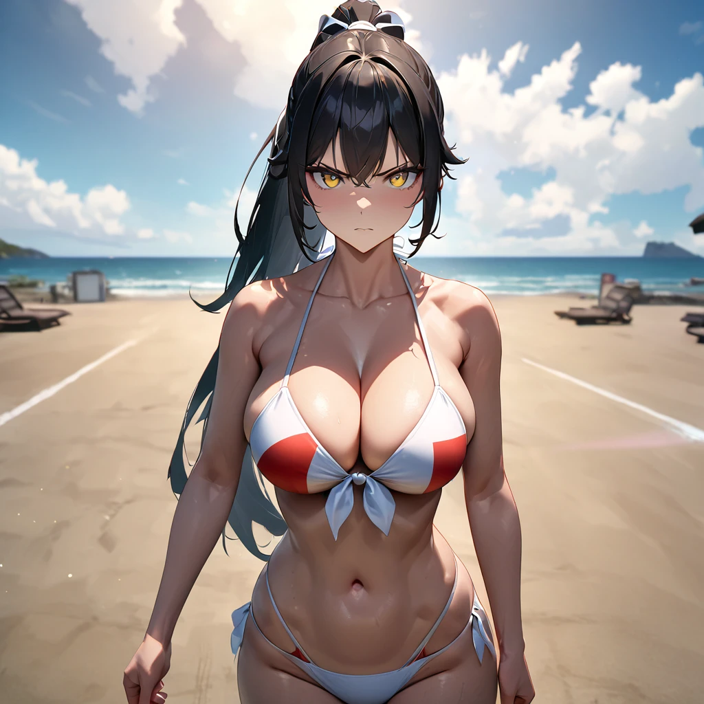 A woman wearing a beach bikini, a bikini with a print of the Japanese flag( red and white flag), large breasts, serious face, yellow eyes, standing posture, ponytail hair, bow in her hair, black hair, long hair, walking on a concrete sidewalk, wide view to the Beach sand with sea, blue sky with clouds, daytime location, perfect face, perfect eyes,.(solo woman) ,UHD , prime work , accurate , anatomically correct , textured skin , super details , high quality , best quality, 8k, high resolution, bokeh effect, close view,