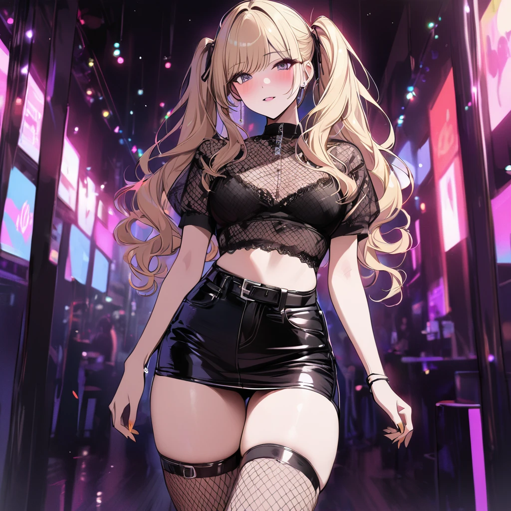 masterpiece, high quality, girl, blonde, long wavy hair tied in two pigtails, wearing fishnet stockings, short leather skirt, lace top, black boots, party background, colorful lights in the background