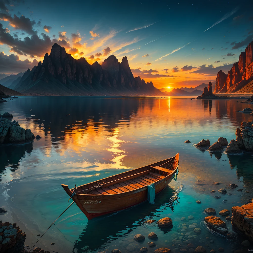 Winner of the award for best photography of the year, the scene captures with extreme clarity,
color and texture a Turquoise Coast of Baja California, capturing the essence of a serene Mexican Panga boat
anchored in the golden sand of a picturesque beach. The boat's awning extends across the side view,
while fishing rods and palapas dot the landscape. Rock formations rise from the shore, with people scattered,
blending harmoniously in the distance. ((Soft pinkish-orange tones blend with the sky)),
reminiscent of the magic hour when the sun hides behind the horizon.
The rule of thirds composition places the ship at the intersection of two diagonals,
drawing the viewer's attention to the tranquil scene. The brushwork is textured and realistic,
evoking the style of artists such as Aytek Cetin, Max Rive, Tanmay Sapkal, Andrea Zappia and Daniel Gerhartz.