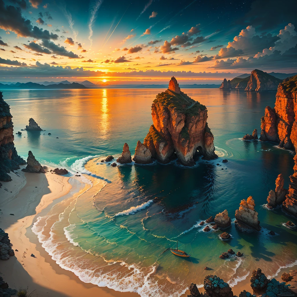 Winner of the award for best photography of the year, the scene captures with extreme clarity, 
color and texture a Turquoise Coast of Baja California, capturing the essence of a serene Mexican Panga boat 
anchored in the golden sand of a picturesque beach. The boat's awning extends across the side view, 
while fishing rods and palapas dot the landscape. Rock formations rise from the shore, with people scattered, 
blending harmoniously in the distance. ((Soft pinkish-orange tones blend with the sky)), 
reminiscent of the magic hour when the sun hides behind the horizon. 
The rule of thirds composition places the ship at the intersection of two diagonals, 
drawing the viewer's attention to the tranquil scene. The brushwork is textured and realistic, 
evoking the style of artists such as Aytek Cetin, Max Rive, Tanmay Sapkal, Andrea Zappia and Daniel Gerhartz.