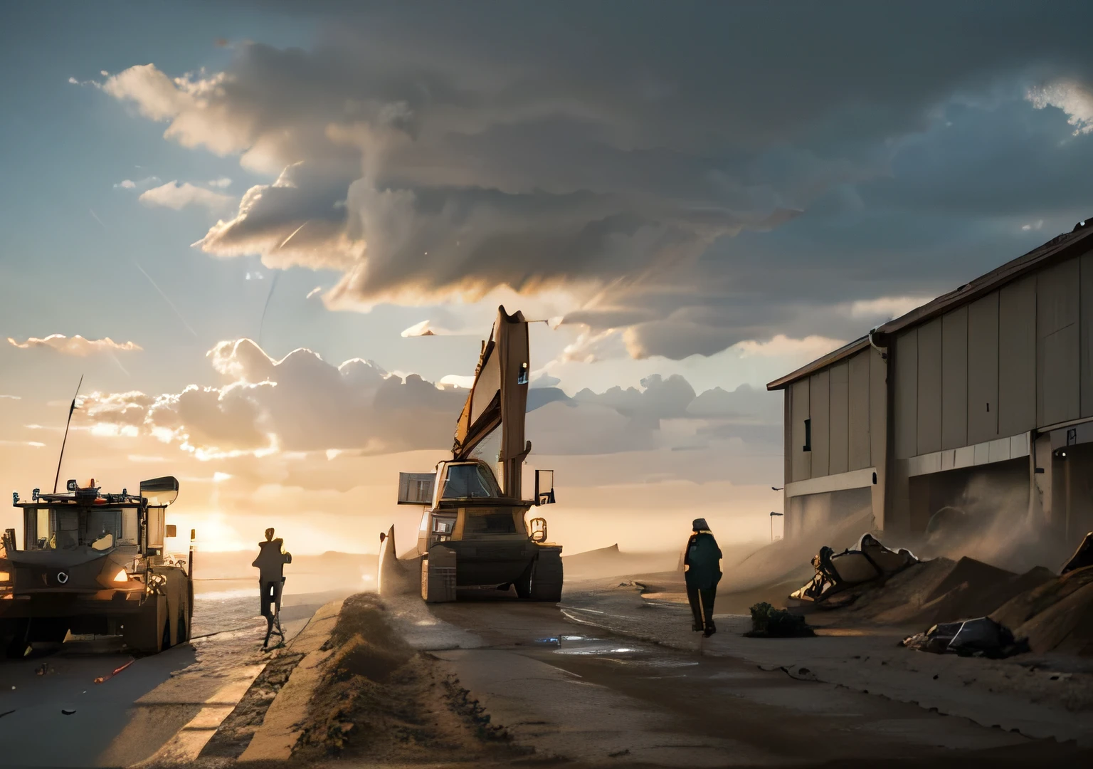 Big warehouse, epic, absurdres, (workers behind set 1.1) cinematic, dynamic view angle, volumetric lights, mist, cinematic, dutch angle, quarry, dust, volumetric lights, wet road after rain, mist, sunset, sun low on horizon, clouds, heavy equipment work, landmark project, lifting sand,