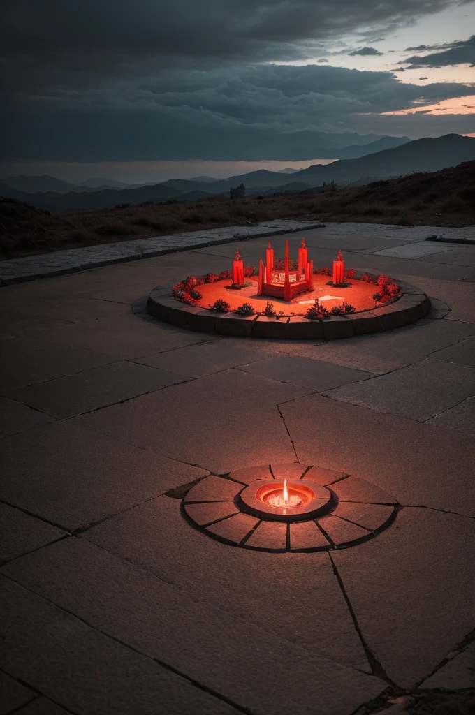 Make the bottom of a satanic kingdom an outdoor altar at night, gray and red cloudy sky, hills and rocks, showing the floor