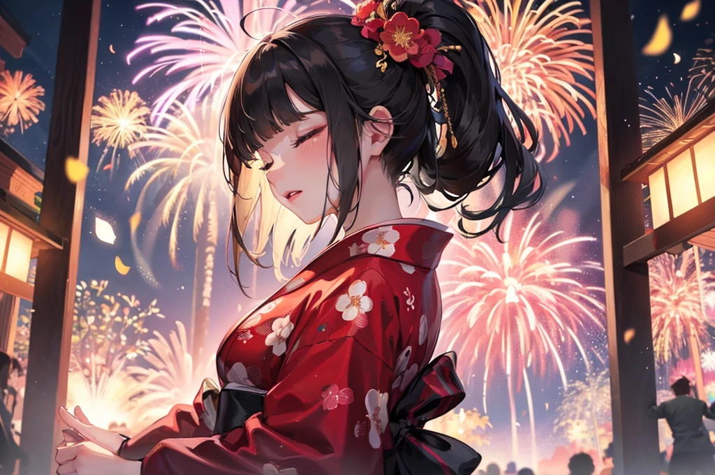 (Heart Shape, many:1.2 fireworks), (a blunt bangs:1.3 black hair very long hair sexy shrine girl, ＳＥＸ closed eyes, glossy lip, medium tits), (in a beautiful yukata with double exposure:1.2 of fireworks), BREAK, 16k, beautiful detailed silhouette.