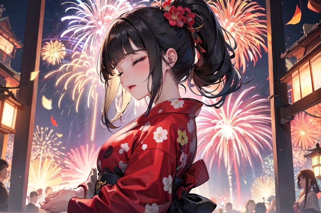 (Heart Shape, many:1.2 fireworks), (a blunt bangs:1.3 black hair very long hair sexy shrine girl, SEX closed eyes, glossy lip, medium tits), (in a beautiful yukata with double exposure:1.2 of fireworks), BREAK, 16k, beautiful detailed silhouette.