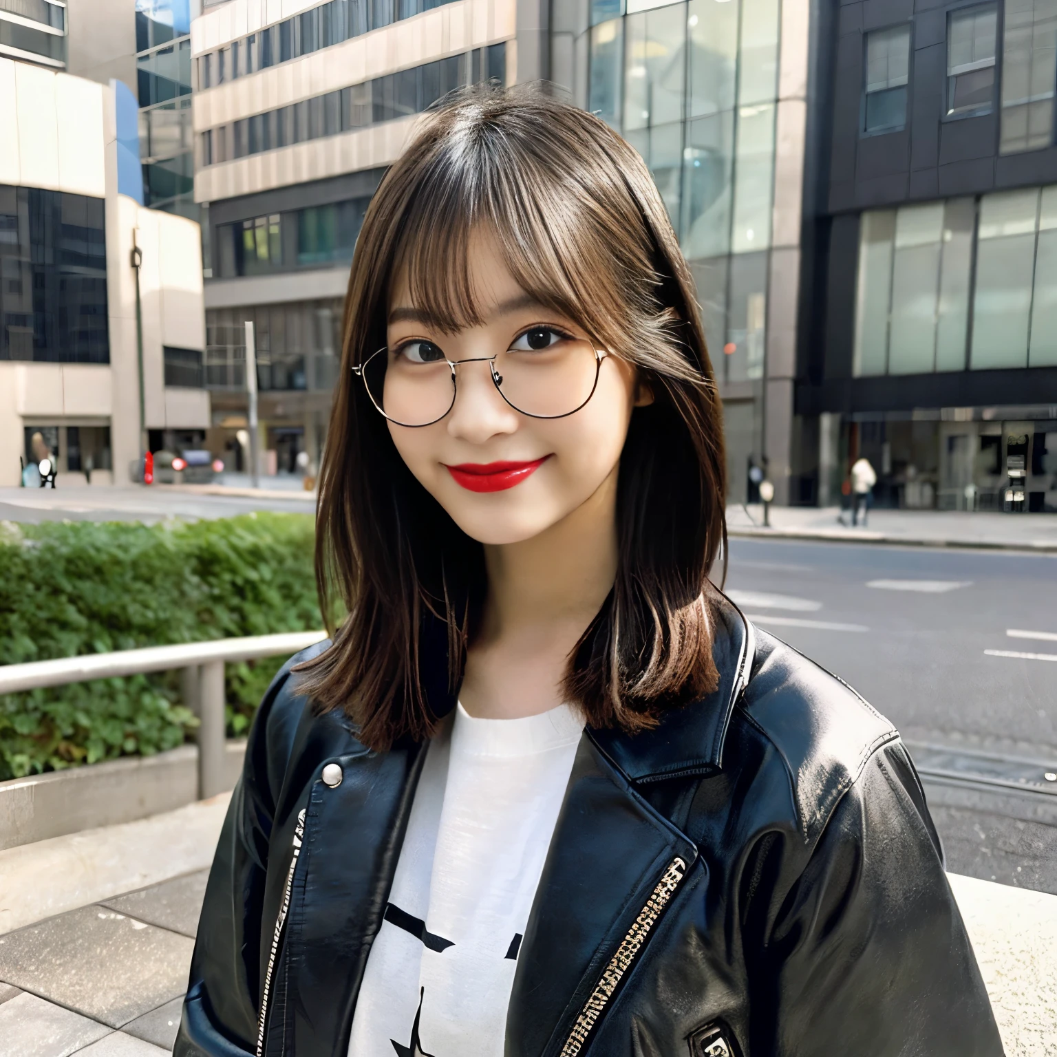 Design an image of a young Japanese woman with a modern and stylish look. She is short, Sleek black hair with a slightly edgy cut. She is wearing fashionable clothes, Oversized glasses with bold frames exude sophistication. Her makeup is simple yet striking., with a perfection base, Bold eyeliner, Matte red lip. She is wearing modern clothes, Stylish clothing, such as leather jackets, Graphic T-shirts, High waist pants. The background is an urban cityscape with modern architecture and street art. She is leaning against the wall, Smiling slightly and looking confidently at the camera,Beautiful Japanese Girl, Intricate details, Random Hairstyles, (Highest quality,8k,Very detailed,Ultra-realistic,Realistic,masterpiece:1.3),Very detailed顔と目,Long eyelashes,Beautiful Skin,perfection,Natural light,Structure of the film,Vibrant colors,amazing.
