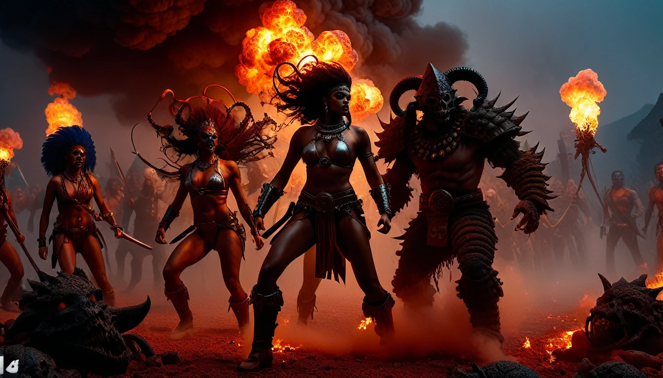 (3D rendering:3.1) in (medium full shot:3.1) of lot of characters from a movie for slave girls from beyond infinity, inspired by Clyde Caldwell and Greg Rutkowski art, barbarian warriors in battles against space creatures, monsters, daemons, aliens, mutant, with explosions, smoke and fire, (with Creepy, Sci-Fi, Fantasy and Horror:2.9) retro sci fi, Horror movie, very detailed body, moody, epic, ((Cinematic film)), ((Ultra Detailed)), Complex, ((Sharp Focus)), Object Texture, Studio Photo, Complex Details, ((Highly Detailed)), Photo Real Style, ((Hyper-realistic)), High Dynamic Range, ((Realistic Textures)), 8K UHD, Nikon D 850, Kodak Portra 400, Fujifilm XT, rich colors, (3D rendering:3.1)