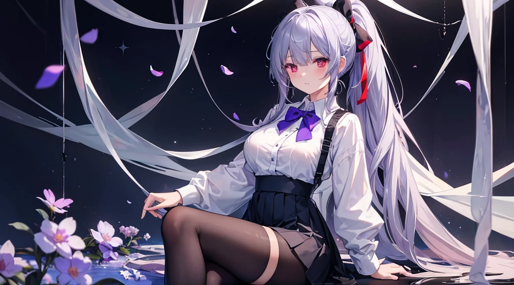 Highest quality, masterpiece,, figure, wallpaper,One girl, alone, , White shirt, Black Skirt, Light Hair, Semi-long hair, Beautiful detailed girl, Highly detailed eyes and face, Beautiful attention to detail, shy, nature_Lighting, Shine,Browsing Caution, clean null, View your viewers, Outdoor, night null, star (null), loafers, Black Pantyhose, Blue bow tie, Straight hair, Purple petals, Purple and blue flowers, Red Eyes, ponytail, Blue Ribbon,Gray Hair, thick_Thighs, Large Breasts, Red eyes,