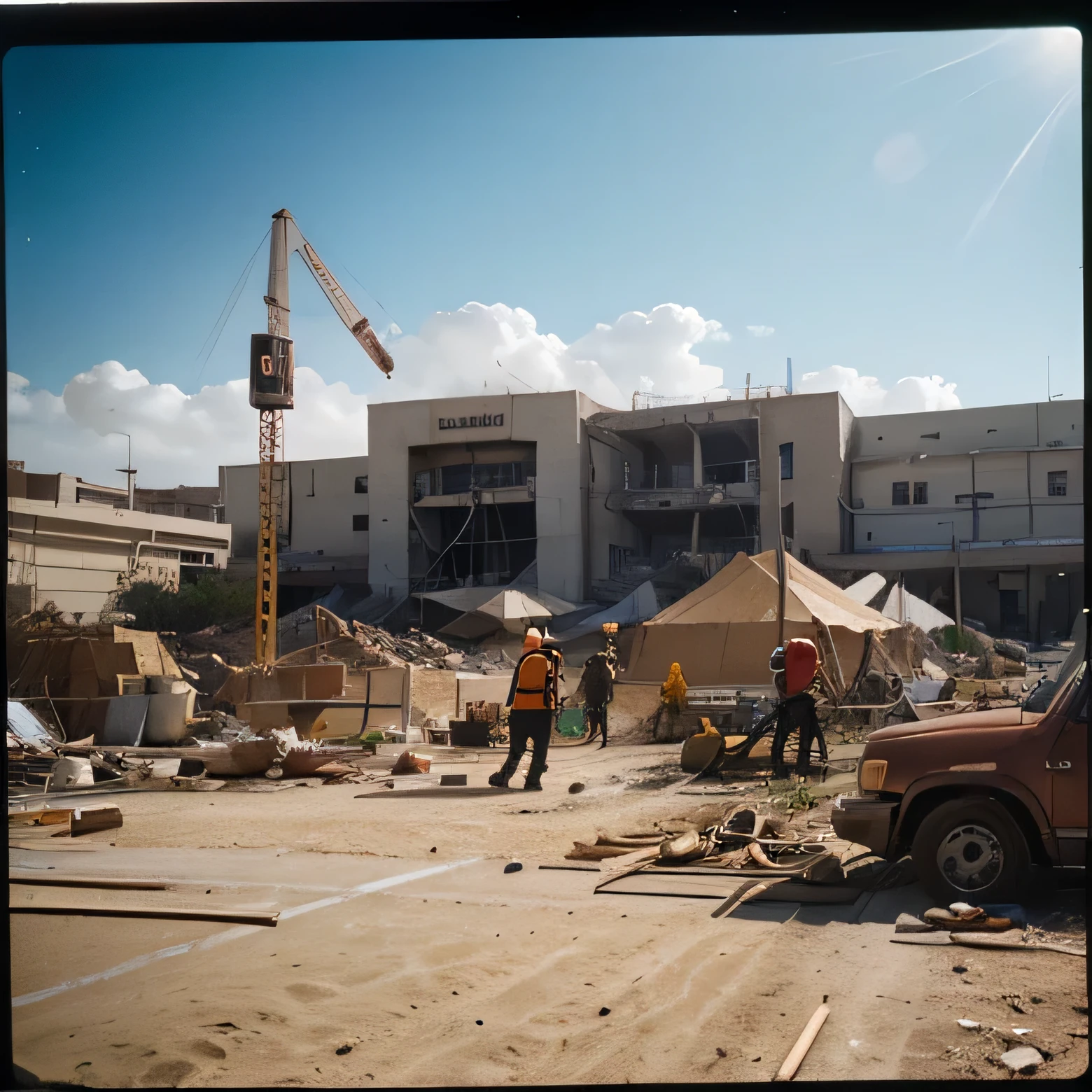 cinematic photo analog film photo scifi, big warehouse, (workers behind set 1.1), raw, summer hot, strormy clouds, cinematic, mist, volumetric lights shiny, dusty sand new, dynamic view, construction site, detailed, rocks, road desert
(crowd of people:1.1), (construction workers behind set:1.2) . faded film, desaturated, 35mm photo, grainy, vignette, vintage, Kodachrome, Lomography, highly detailed, found footage . 35mm photograph, film, bokeh, professional, 4k, highly detailed