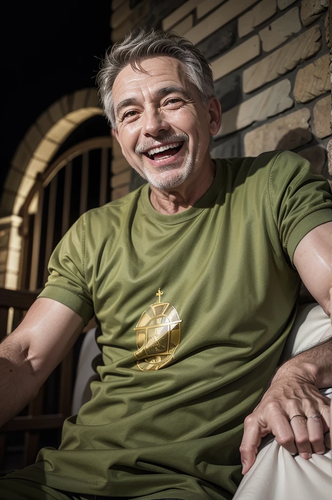 2D 8K ILLUSTRATION SAINT JOAO AT THE QUARTER LAUGHING AT HUMOROUS STORIES, JOKES ACCOMPANIED BY SMILING MIDDLE-AGED MAN, deep and penetrating look