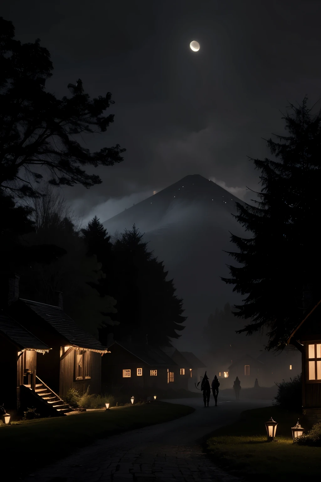 Night view of the same village, now shrouded in sinister shadows.
A group of shadowy KNIGHTS in black armor emerges from the forest.






