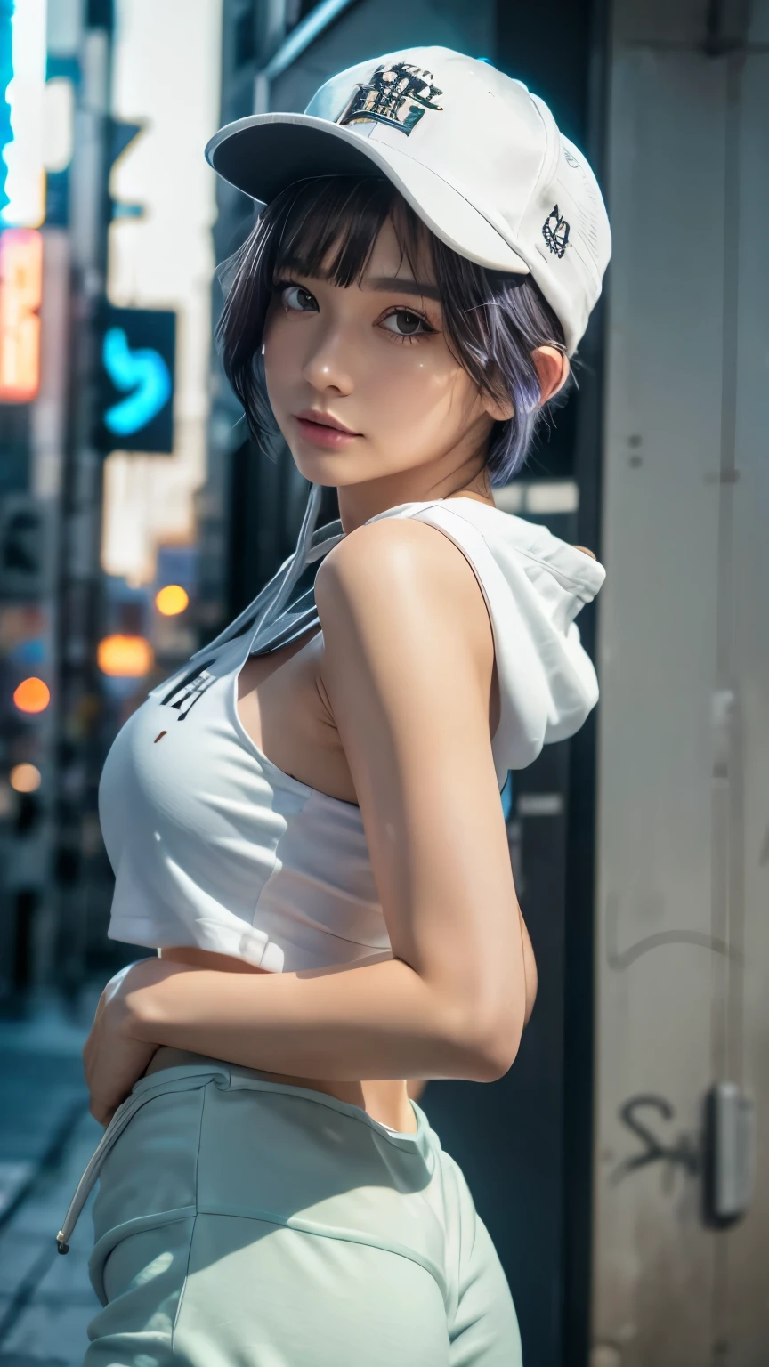 masterpiece, Highest quality, Very detailed, 8k, Realistic, One Girl, alone, Tomboy, Very detailed face, (head shot:1.5), Standing in front of a wall covered in hip hop graffiti, Cyberpunk neon cityscape,Pixie cut white hair, She is wearing a short neon tank top and an open hoodie....,I can see your chest,Nice ass,Wear a New Era cap