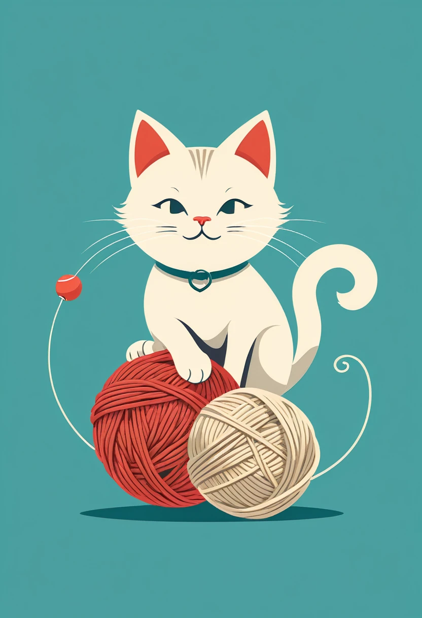A minimalist, design with a vintage twist, featuring a sleek and stylized cat playfully batting at ball of yarn against a faded, awosome, bright.